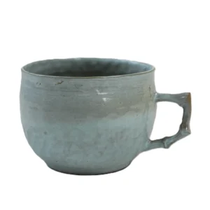 Plain white background front shot of coastal style ceramic mug, present rounded belly shape, branch handle and uniform green seashell glaze