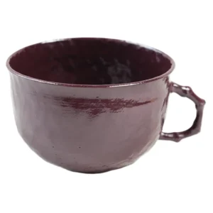 Plain white background front shot of rustic Hufeng clay coffee mug, show full rounded cup body, unique gnarled branch handle and full floating red glaze surface